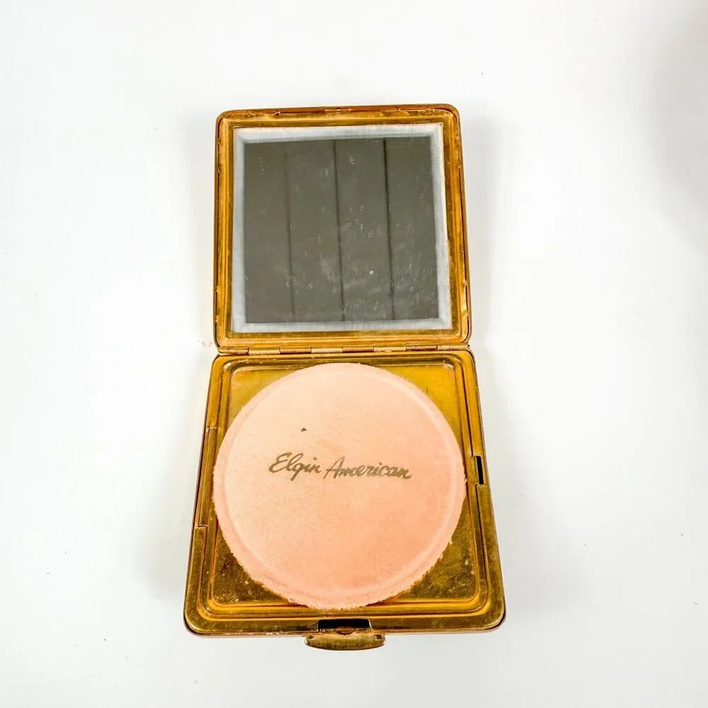 Elgin American Gold Tone Square Powder Compact Case Black Seed Beaded